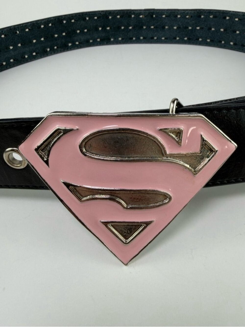 Studded Leather Belt with Pink Superman Buckle Size Medium Y2K - Picture 5 of 10